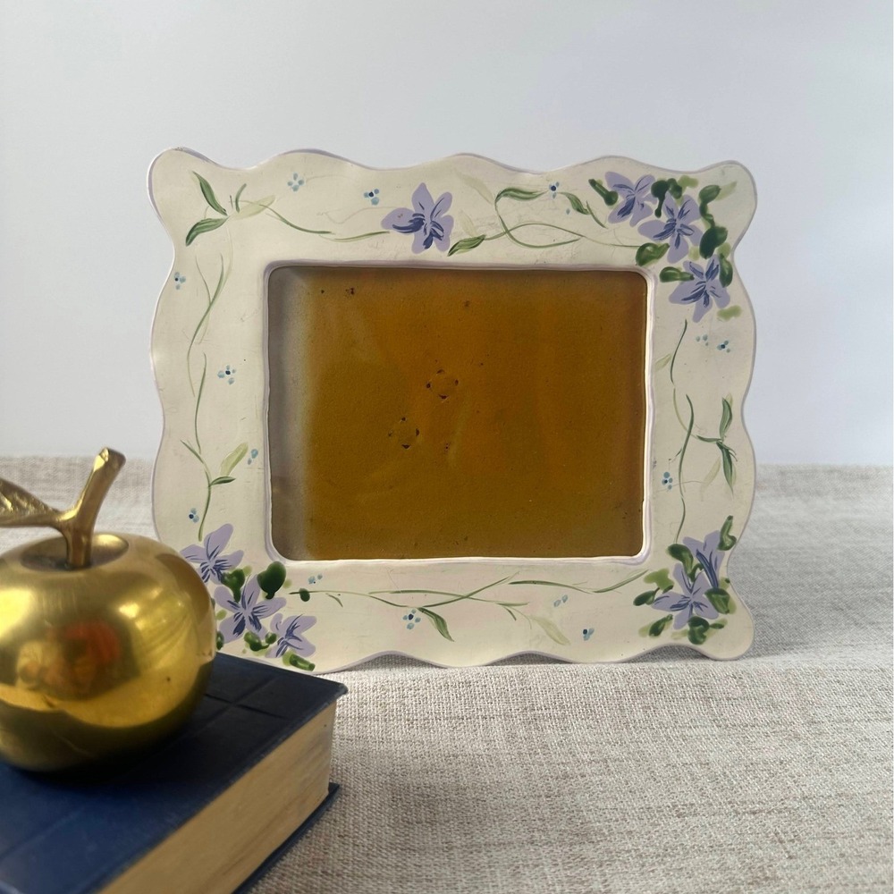 Vintage Hand Painted Floral Wood Frame Purple Flowers Cottage Country